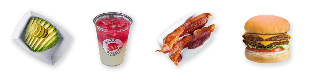 Nexx Burger favorites — avocado, drink, bacon, and a double cheeseburger